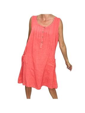 Frocella Italy pure linen coral a line sleeveless flowy light summer midi dress